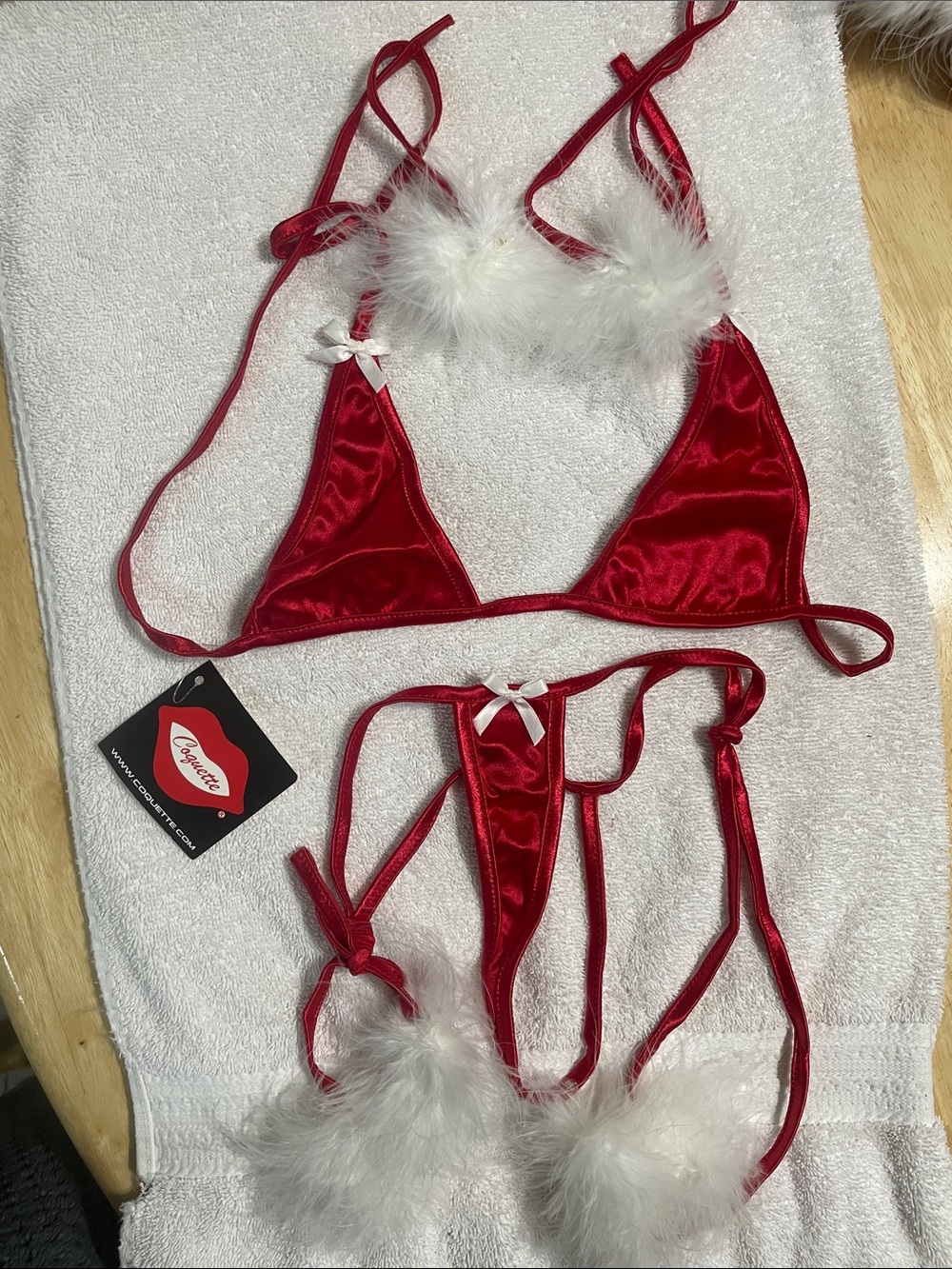 Red Satin Marabou Triangle Bra & String Set